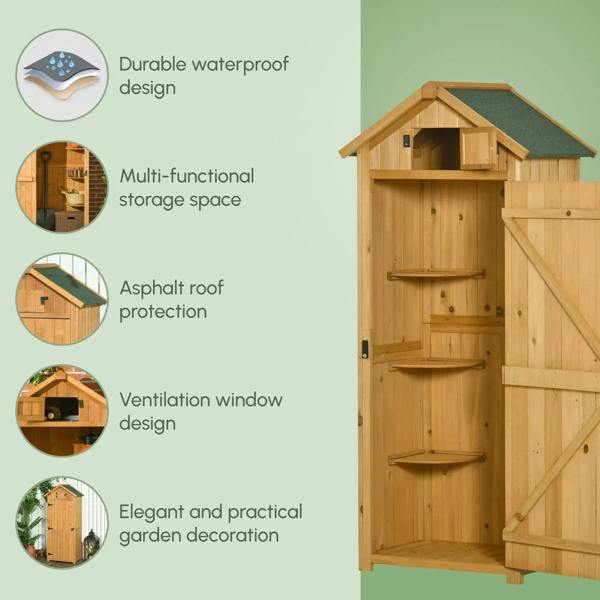Brown wooden outdoor storage shed with gable roof and open-door interior shelves