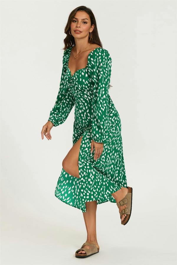 FS Collection Brushstroke Print Long Sleeve Heart Neckline Midi Dress In Green