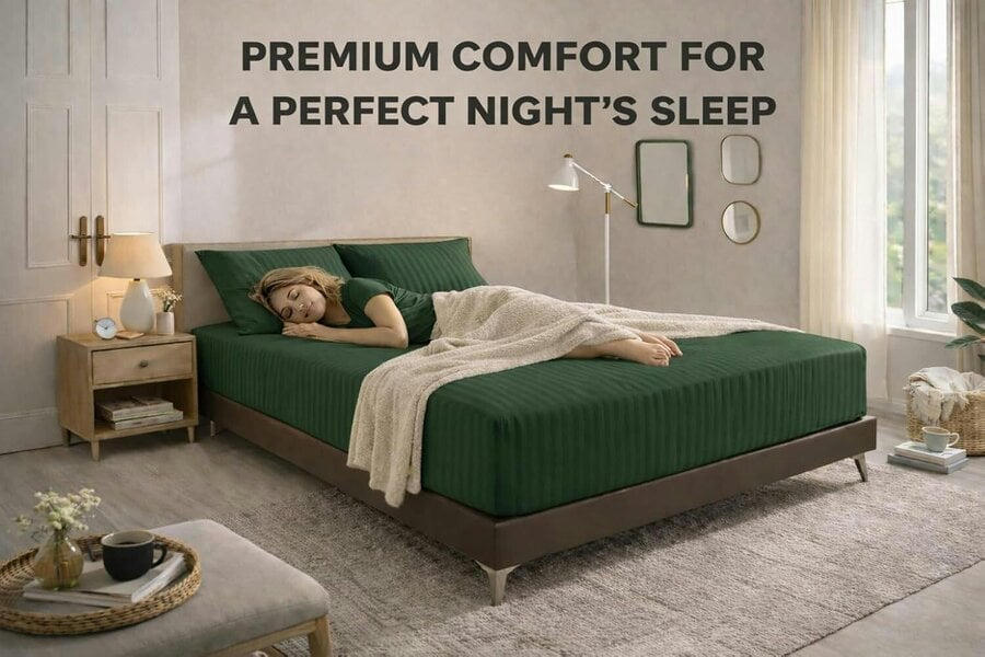 Night Zone Embossed Stripe Extra Deep Fitted Sheet 40cm – Brushed Microfibre Soft Bed Sheet - Green