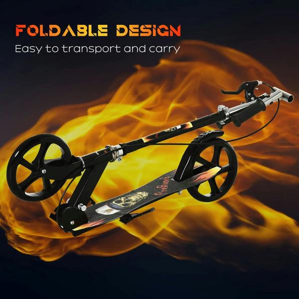 Black foldable kick scooter with wide deck and large front and rear wheels