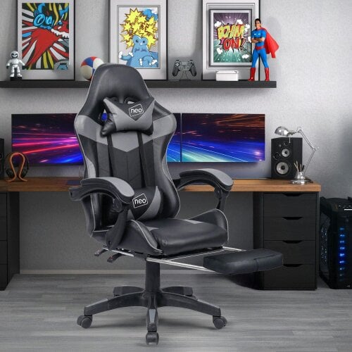 Neo Grey & Black PU Leather Gaming Chair with Footrest