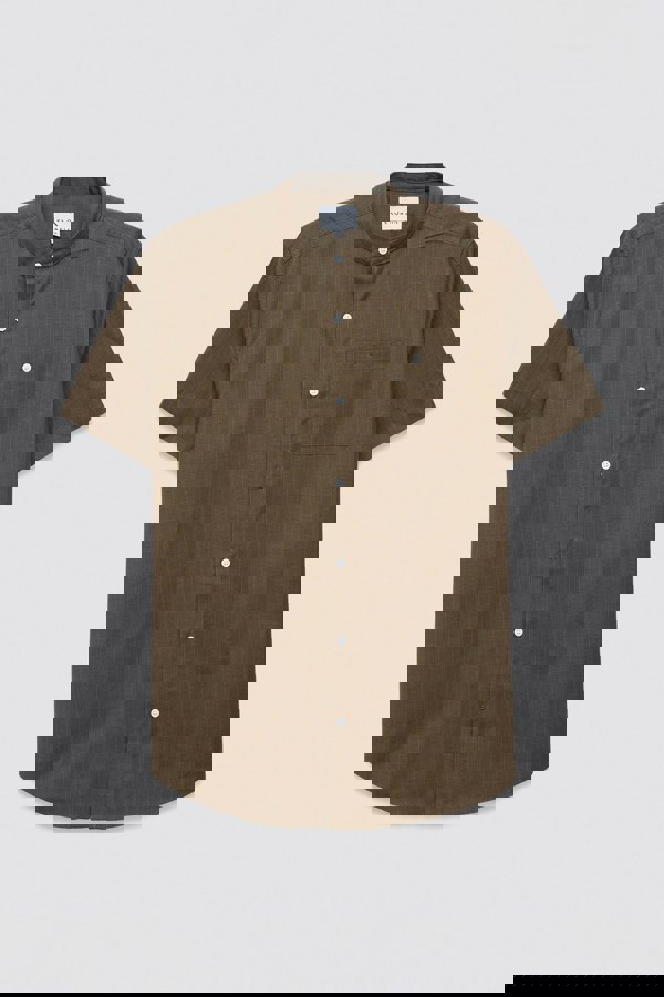 ENORSIA Men's Brown Grandad Collar Short Sleeve Shirt