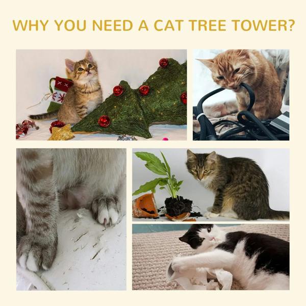 Cat tree tower in use—cats resting and playing on platforms and near the scratching post