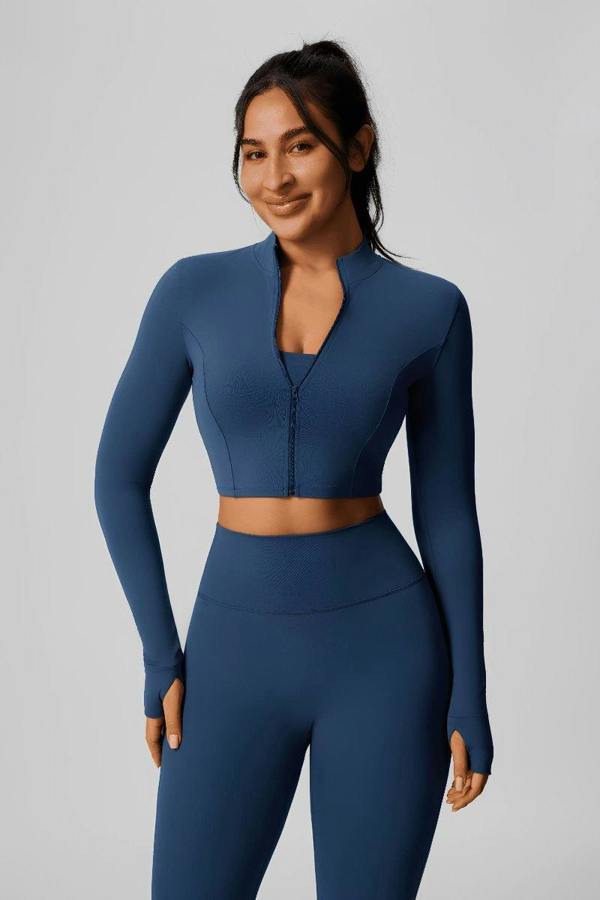 Anniou Zip Thumbhole Crop Yoga Jacket - Navy Blue