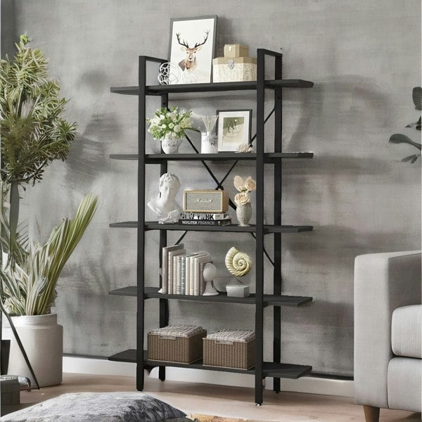 Rafaelo Mobilia Industrial 5 Tier Black Bookcase