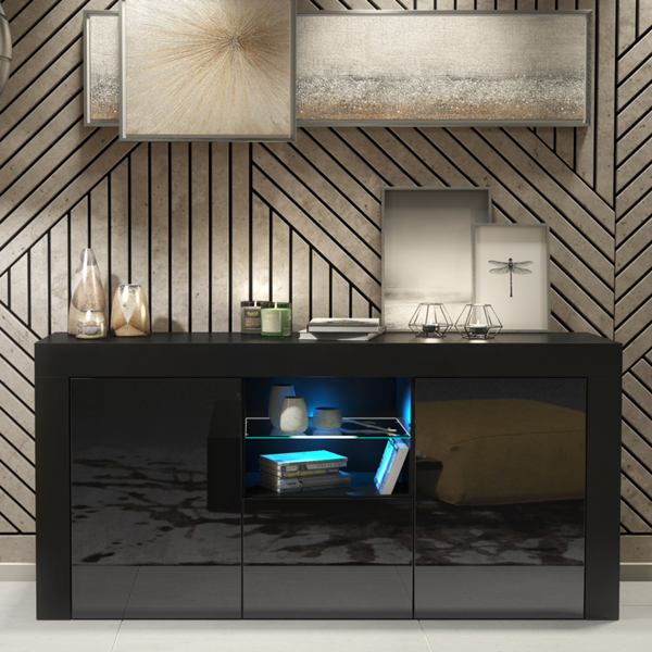 Mex Furniture Modern 145cm TV Unit, Cabinet Stand & with Black Gloss Doors & Free LED