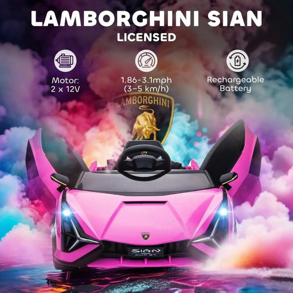 Pink Lamborghini Sian licensed 12V electric kids ride-on car with front lights