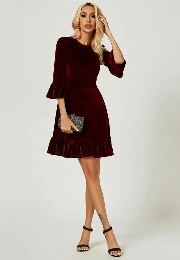 FS Collection Velvet Frill Detail Mini Dress In Wine