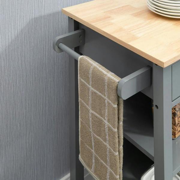 Grey kitchen trolley cart with side towel rack and open storage compartment