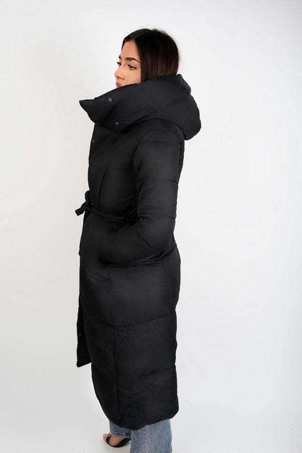 Velina Longline Puffer Coat With Belted Waist - Brown