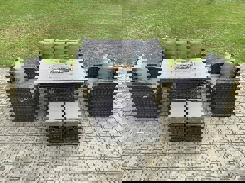 Fimous Garden Patio Furniture Wicker Rattan Gas Fire Pit Table and Chair set with 3 Seater Sofa 2 Small Footstools Dark Grey Mixed