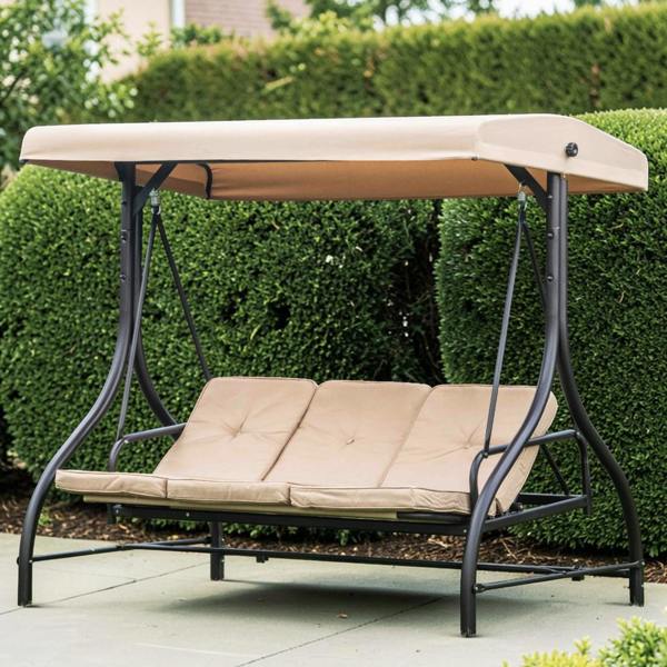 Heavy Duty Garden 3 Seater Swing Seat and Hammock Bed with Canopy, Steel Frame and Textaline Base, Thick Shower Proof Cushions