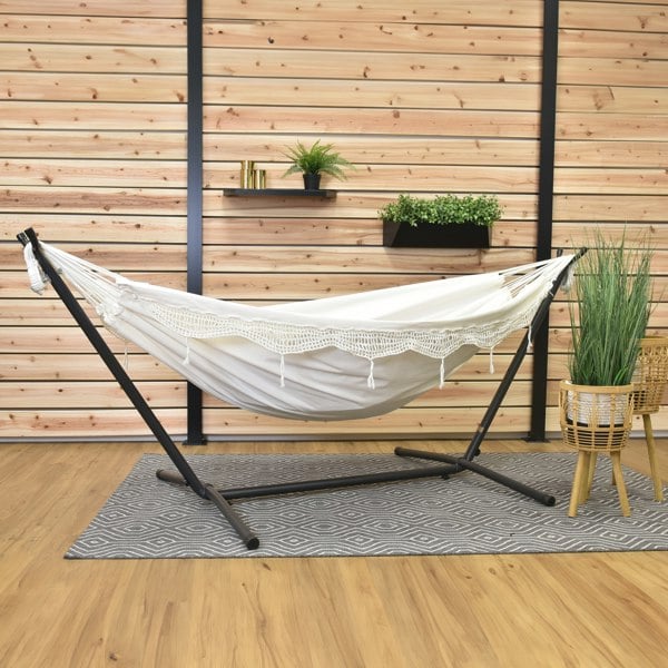 Vivere Double Cotton Hammock with Stand (280cm) - Natural with Fringe