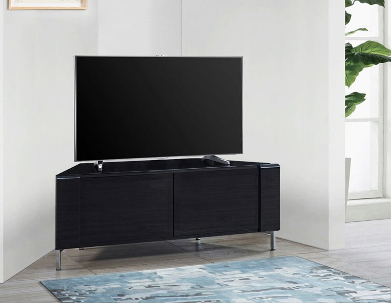 MDA Designs CORVUS Corner-Friendly Gloss Black Contemporary Cabinet with BeamThru Glass Doors Modern Space-Saving Stand for Flat Screen TVs up to 50"