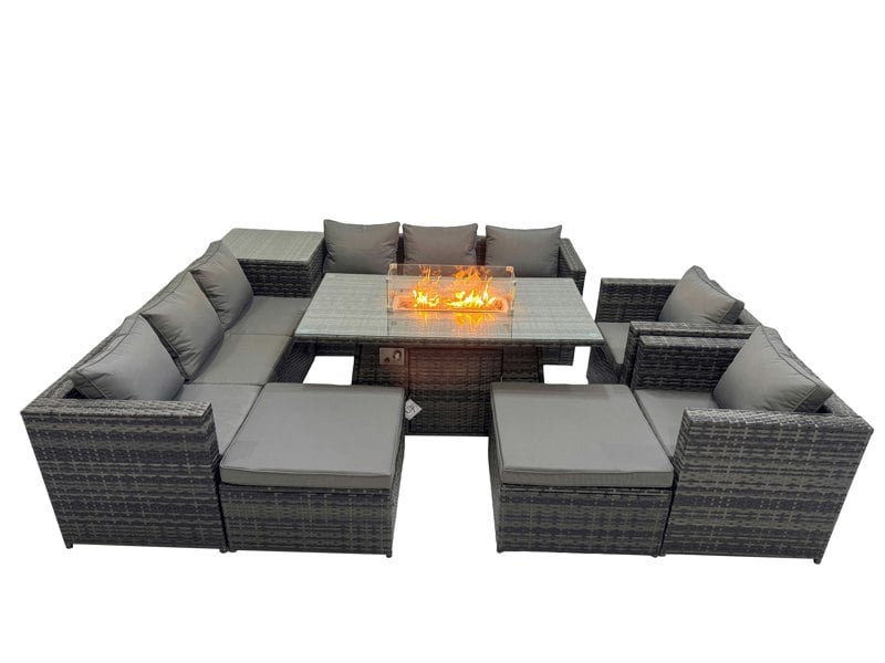 Fimous 10 Seater Garden Outdoor Rattan Furniture Set Patio Corner Sofa Gas Fire Pit Dining Table with Side Table 2 Big Stools Dark Grey