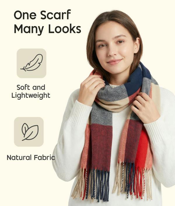 VIA MONTEN Women’s Vintage Plaid Scarf, Oversized Winter Scarf Wrap with Fringe, Soft Long Shawl for Cold Weather Styling