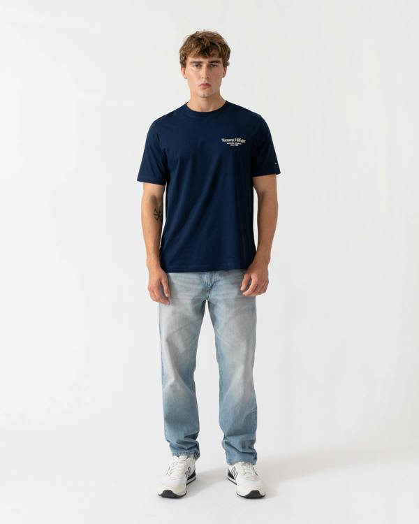 Outfit shot of Tommy Hilfiger Mens Back Text Seasonal Graphic T-Shirt - Carbon Navy
