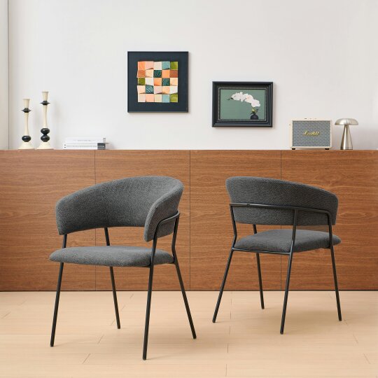 SONARA Set of 2 Curved Dining Chair with Sleek One-Piece Metal Frame - D56 X W56 X H77（cm） - Linen fabric - Drak Grey