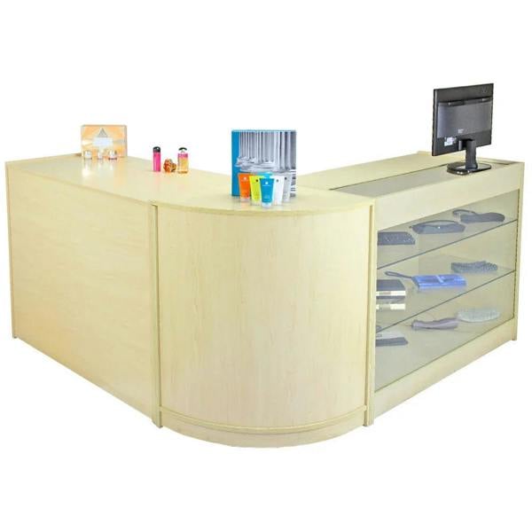 Saturn Maple Shop Counter features a light maple finish, curved design, glass display shelves, and a sleek monitor setup for retail use