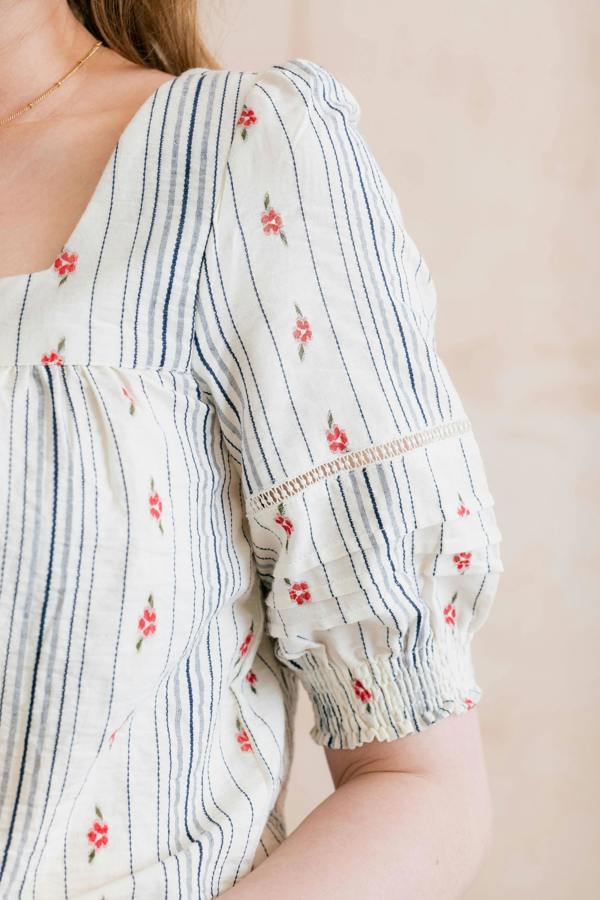 Lily & Me Poppy Embroidered Stripe Blouse Ecru