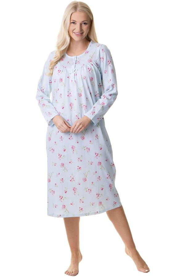 Womens 100% Cotton Classic Floral And Polka Dot Long Sleeved Nightdress