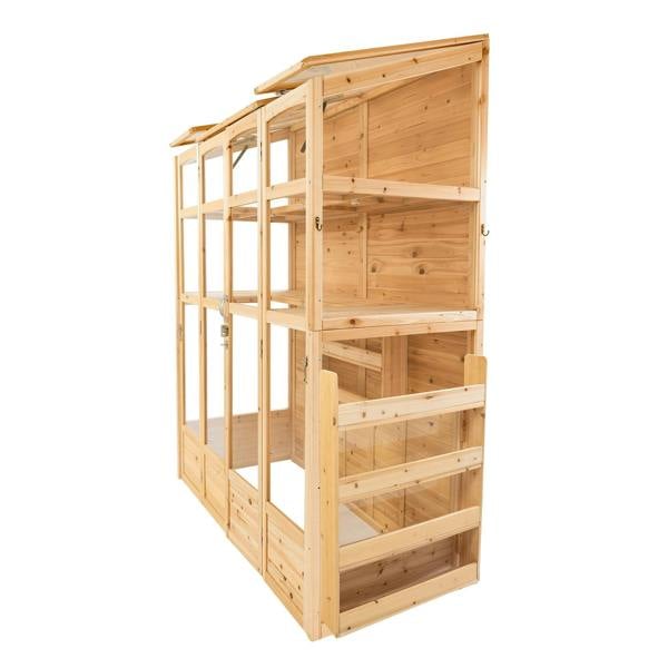 Victorian greenhouse made of natural wood, featuring large glass panels, multiple shelves, and a sloped roof for optimal sunlight