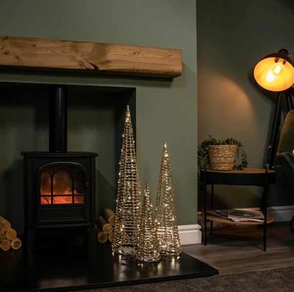 Samuel Alexander Set of 3 Gold Glitter Twist Christmas Cone Trees with 90 Warm White LEDs