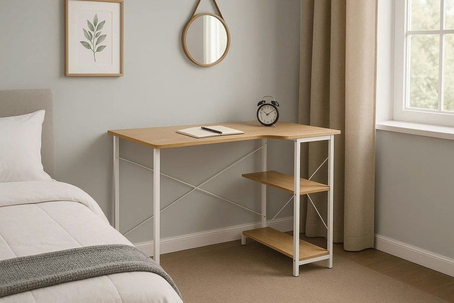 Modcraft L-Shaped Computer Desk – Light Oak & White Home Office Workstation with Storage Shelves