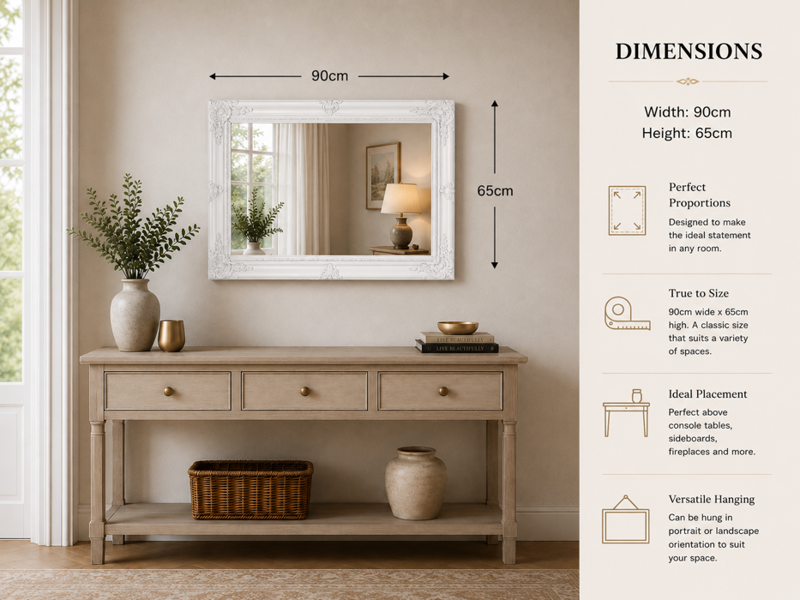 Downton Interiors Large Antique Style White Wood Frame Wall Mirror 90cm x 65cm