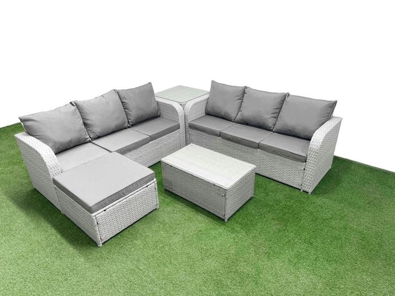 Fimous 7 Seater Patio Sofa Set, Wicker Rattan, Coffee Table, High Back Lounge Sofa, Big Footstool and Side Table, Light Grey