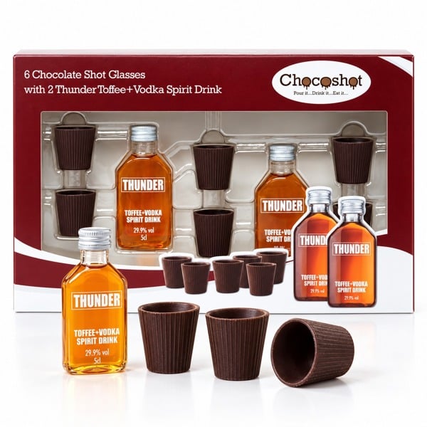 Chocoshot 6 Chocolate Shot Glasses with 2 Thunder Toffee + Vodka Spirit Drink L'chaim Gift Set