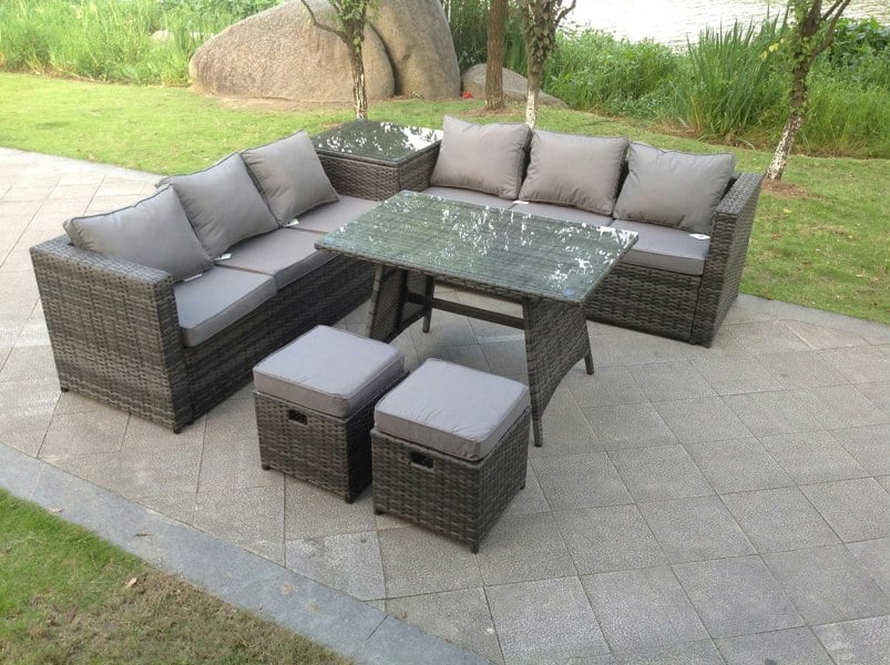 Fimous Outdoor Rattan Garden Furniture Set Corner Sofa Dining table With 2 PC Footstools