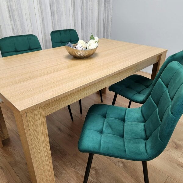 Kosy Koala Dining Set of 4 Oak Effect Dining Table and 4 Green Velvet Chairs Dining Room Furniture