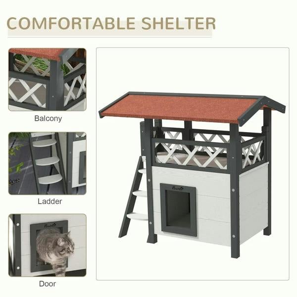 White outdoor cat house with balcony roof, front cat door and side ladder