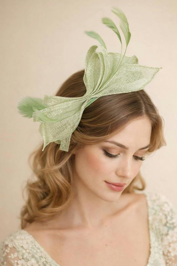 Bow Shaped Fascinator with Sinamay Curls & Feathers in Pastel Green - svnx