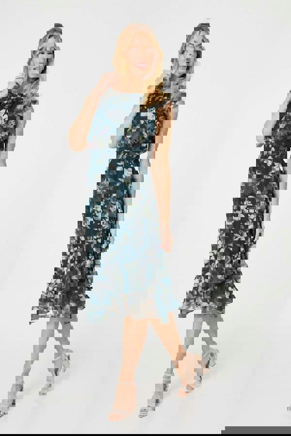 Green | Floral Frill Shirred Midi Dress