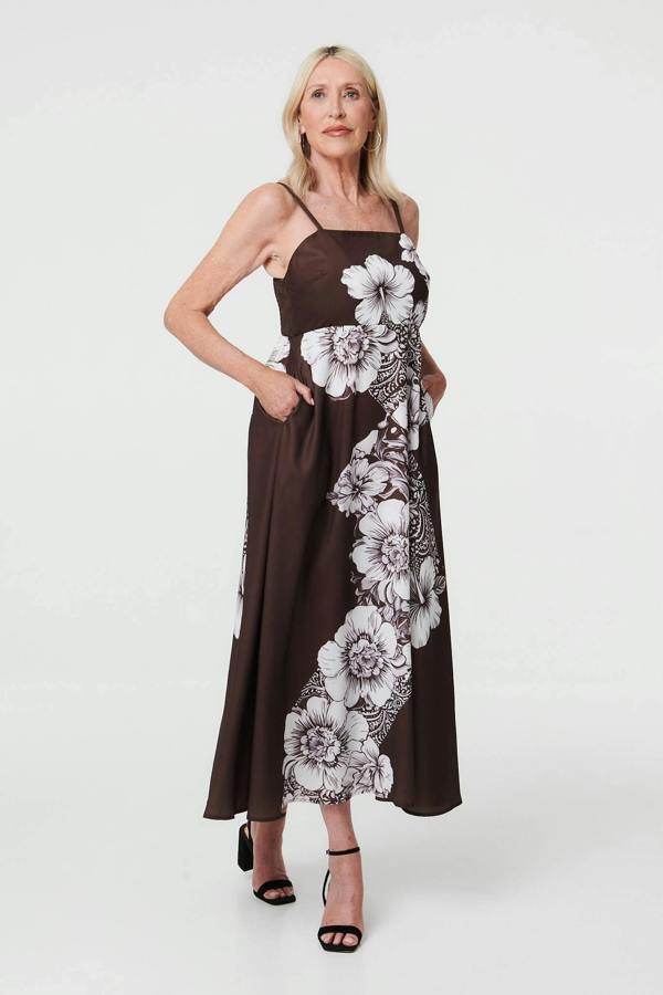 Brown | Floral Sleeveless Cami A-Line Midi Dress