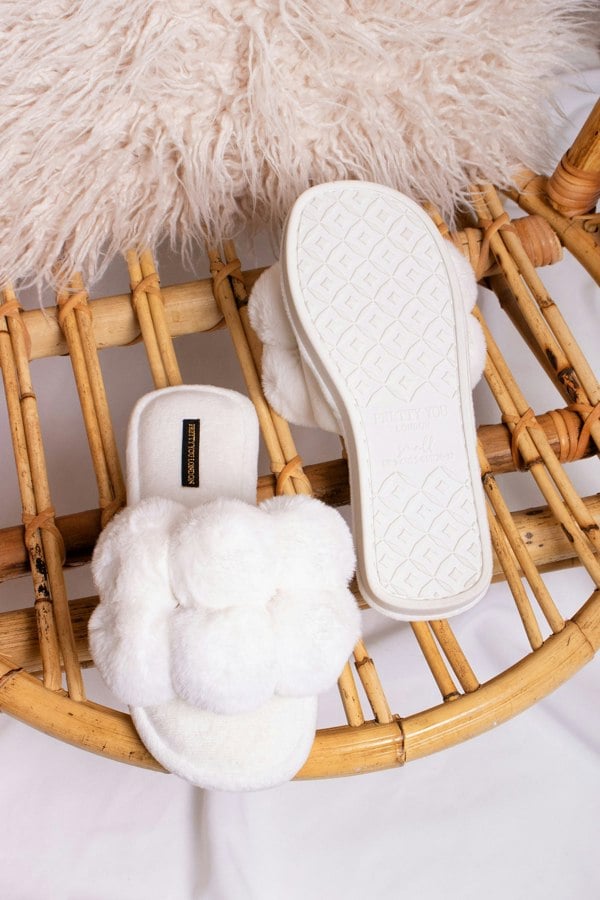 Dolly women's slider slippers in white with oversized faux fur pom poms from Pretty You London