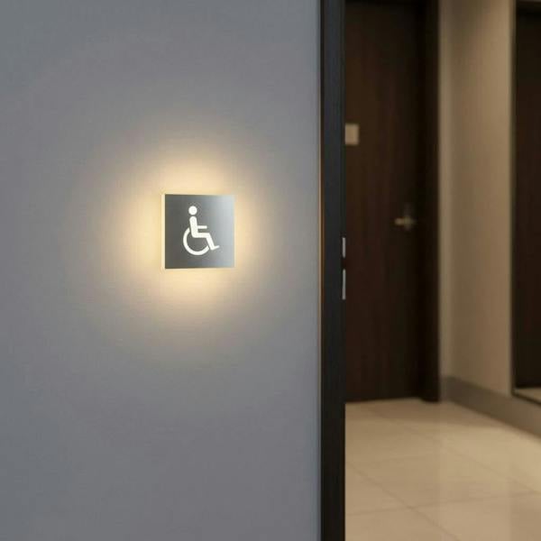 LED disabled toilet sign installed on the wall outside a WC