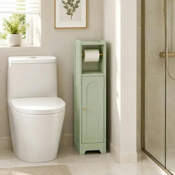 Small Bathroom Storage Cabinet with Toilet Roll Holder - Light Green - Green