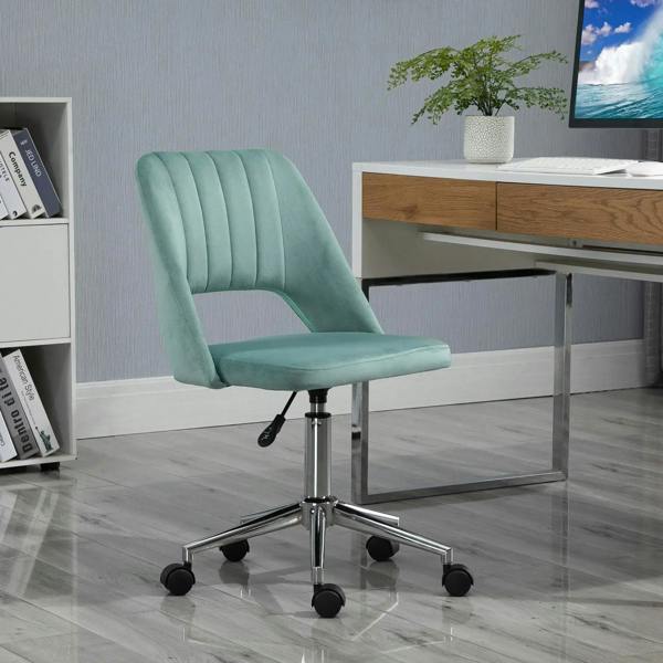 Green velvet mid-back office chair with vertical tufting, padded seat, and chrome swivel legs