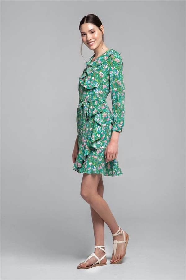 Rumour London Abby ruffled silk wrap dress in green floral print