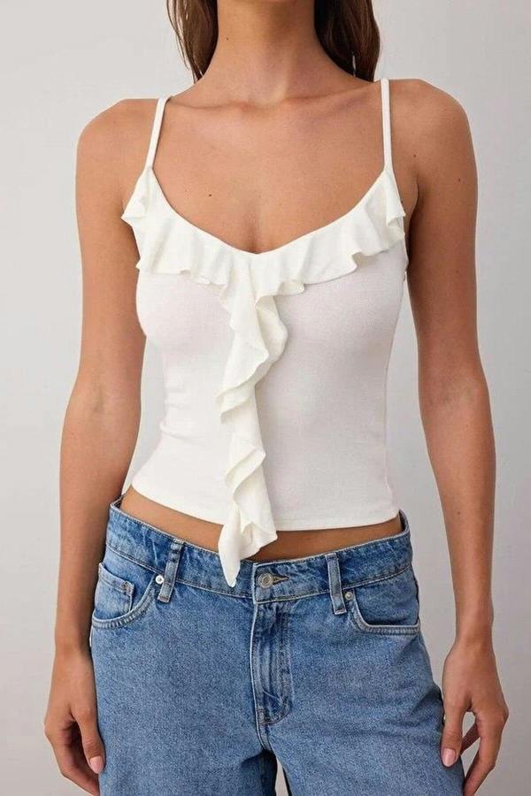 Strappy Ruffled Fitted Knitted Blouse