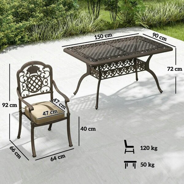 Garden Dining Set for 6, Cast Aluminium Outdoor Table and Chairs Set with Cushions, Parasol Hole for Patio, Bronze Tone