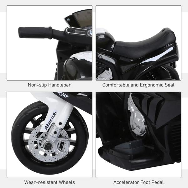 Kids electric ride-on motorbike details: non-slip handlebar, ergonomic seat, traction wheels, pedal.