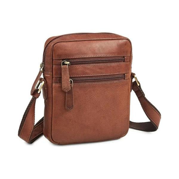 Brown leather crossbody bag on a white background