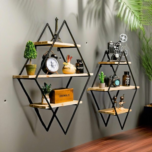 Rafaelo Mobilia Industrial 3 Tier Wooden Diamond Shape Floating Shelf