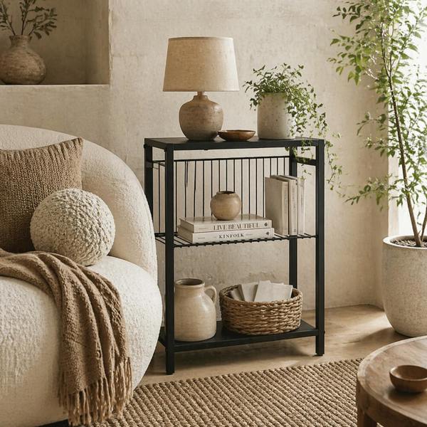 Wyld Haus Notosu Metal And Wooden Black Industrial 3 Shelf Side Table