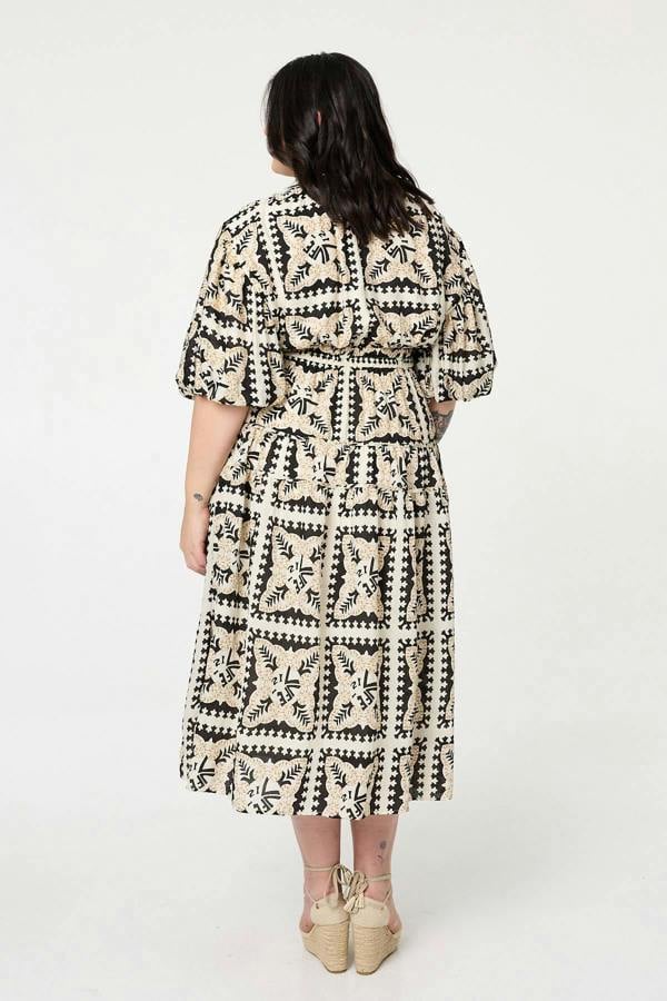 Black | Mosaic Print 1/2 Puff Sleeve Midi Dress
