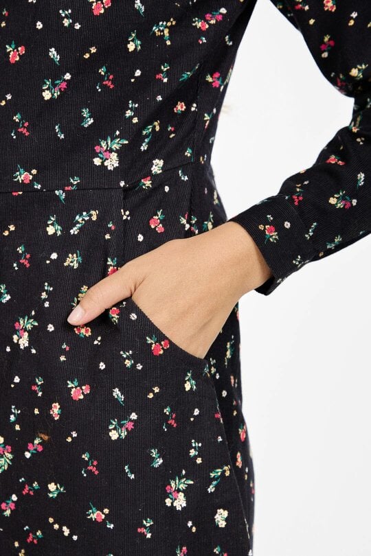 Mudflower Floral Print Corduroy Collared Full Sleeve Dress